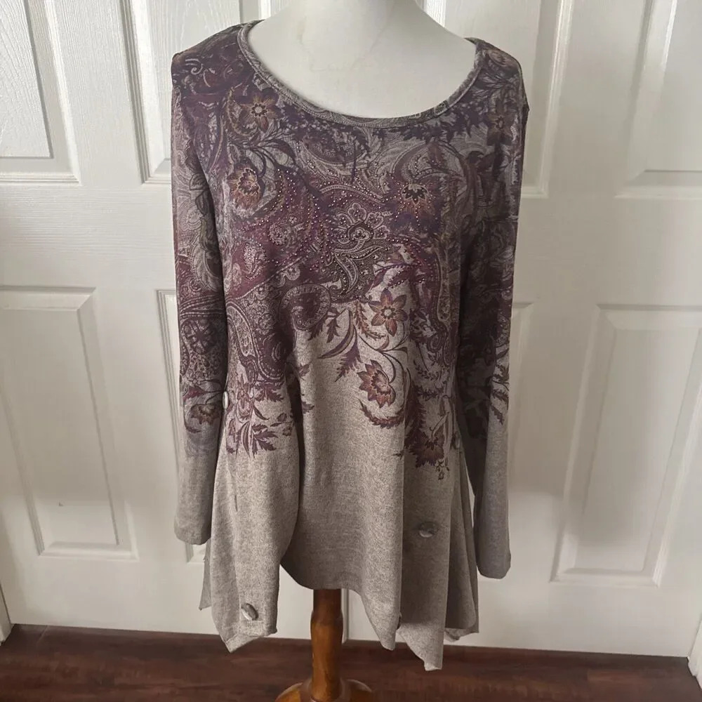 World Unity Womens Tunic Top Large Boho Paisley Rhinestones Asymetrical Hippie